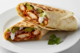 Mosakhan wrap in London with sumac chicken, caramelised onion, garlic sauce, and pickles – traditional Palestinian street food.