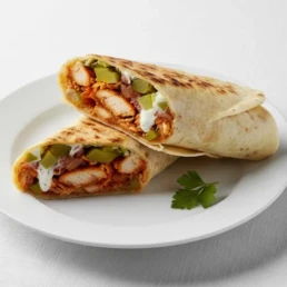 Mosakhan wrap in London with sumac chicken, caramelised onion, garlic sauce, and pickles – traditional Palestinian street food.