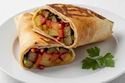 Musakkaa wrap with grilled chicken liver, caramelised onion, garlic sauce, and pickles.